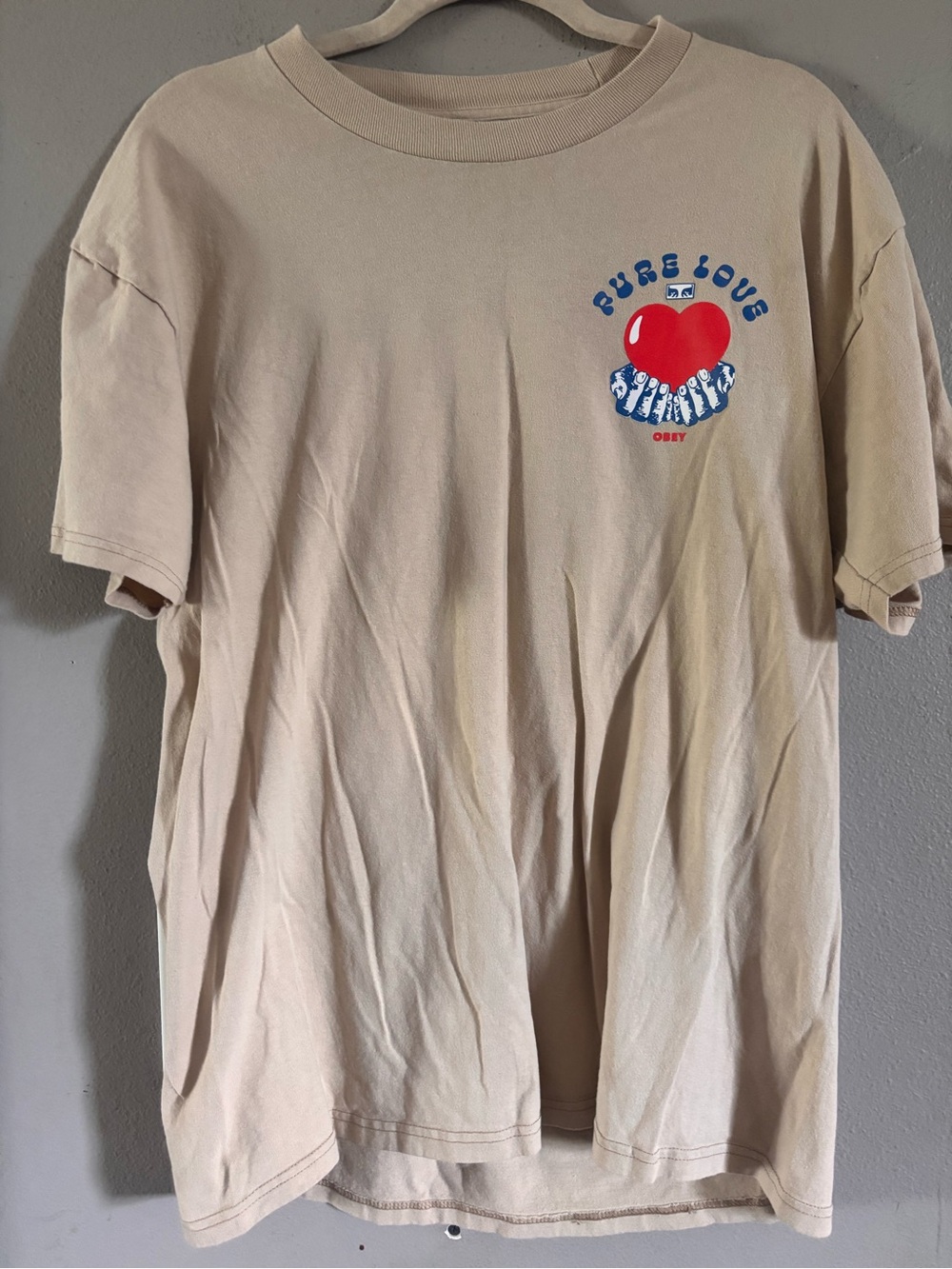 Obey Beige Tee with Red Heart and Blue Text